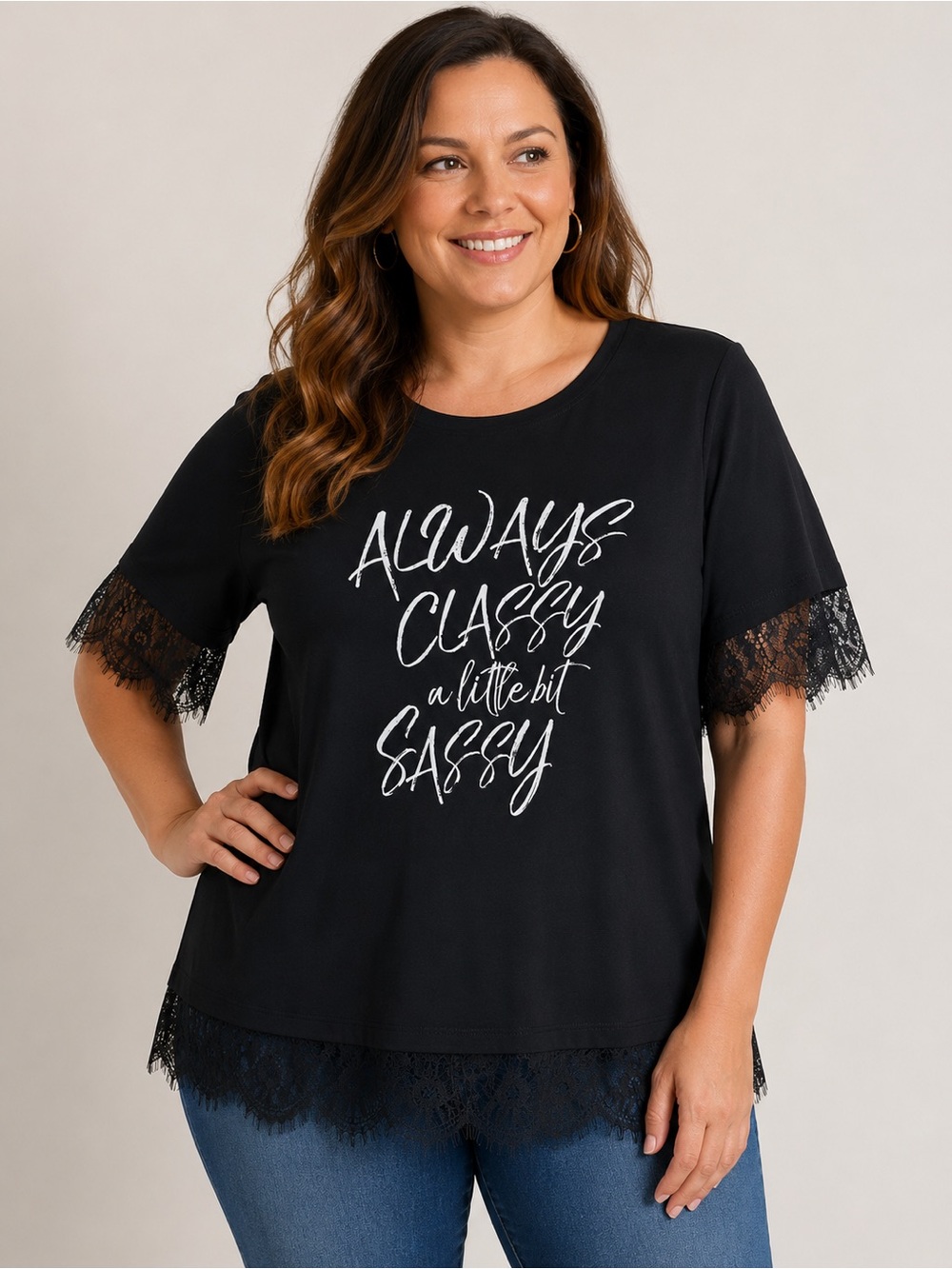 Lane Bryant Lace Trim Graphic Tee 14/16 Black Classy Sassy Plus Size Top Eyelash